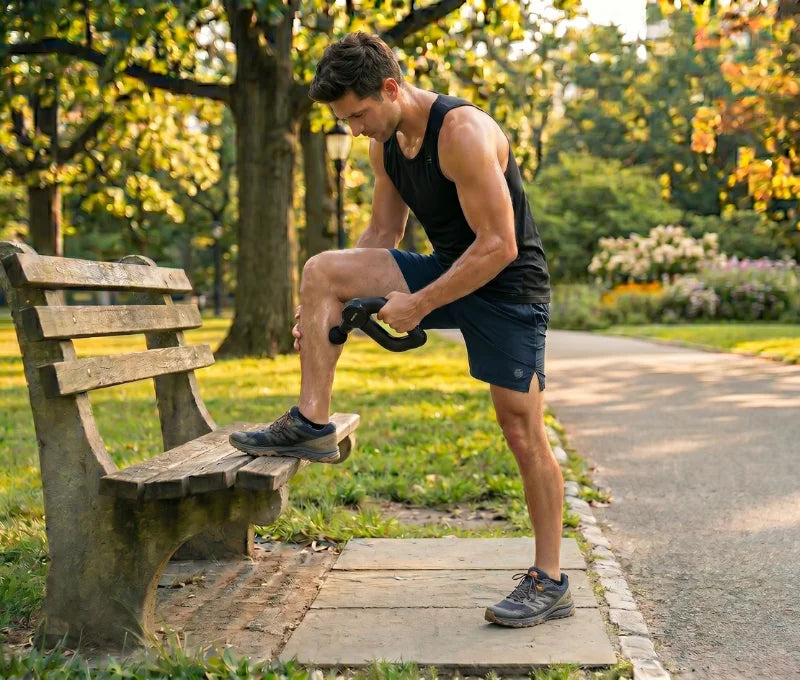 Male runner using the Myo Relief D3 MAX massage gun during post-run recovery in the park to massage his calf muscle, with his foot up on a park bench.