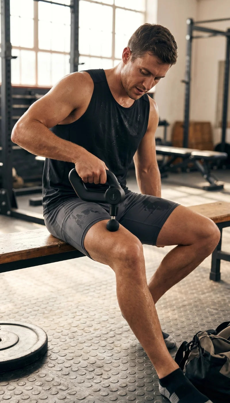 Male athlete using the Myo Relief D3 MAX during post-training recovery to massage he leg quad muscle.